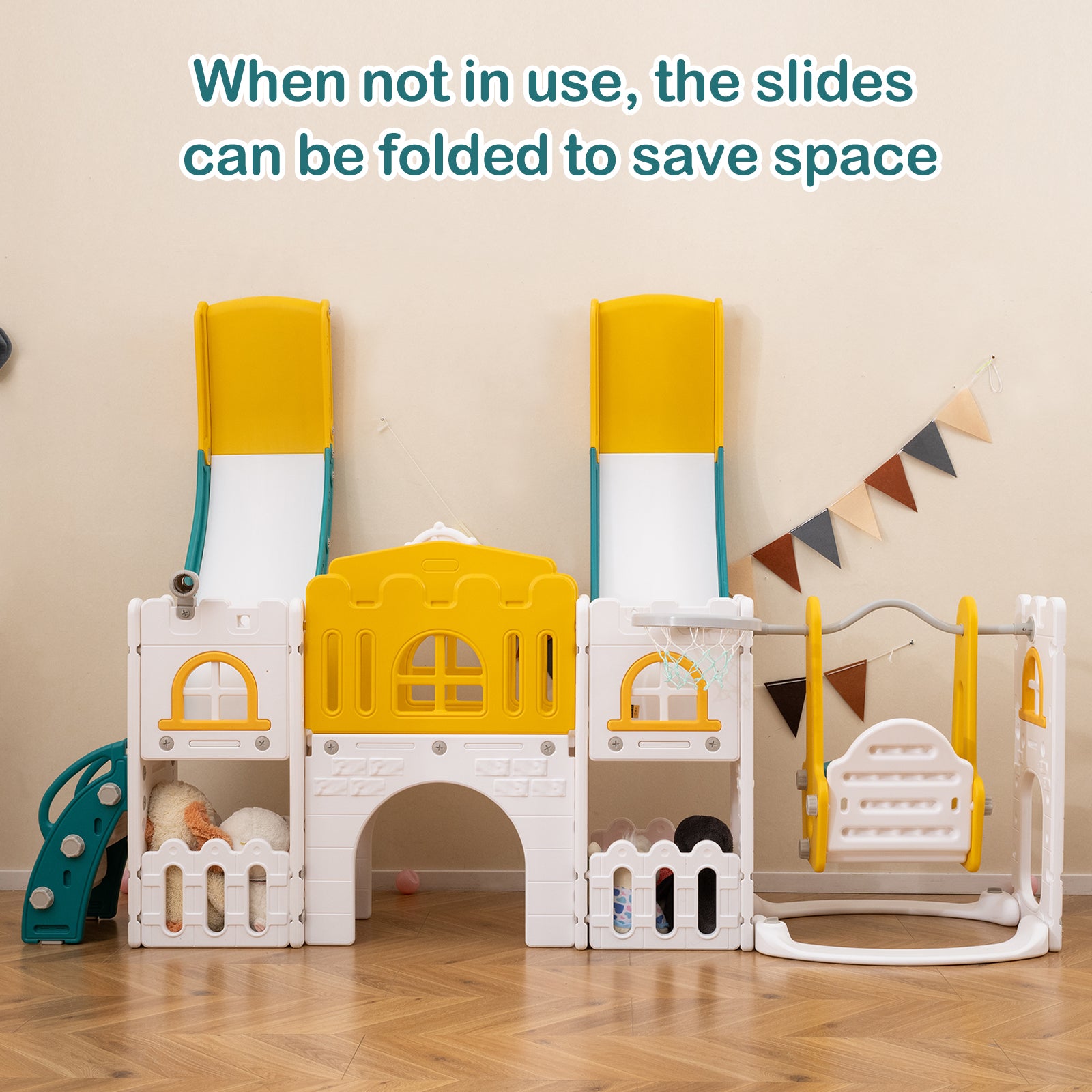10-in-1 Toddler Slide and Swing Set with Double Slides and Tunnel-Yellow