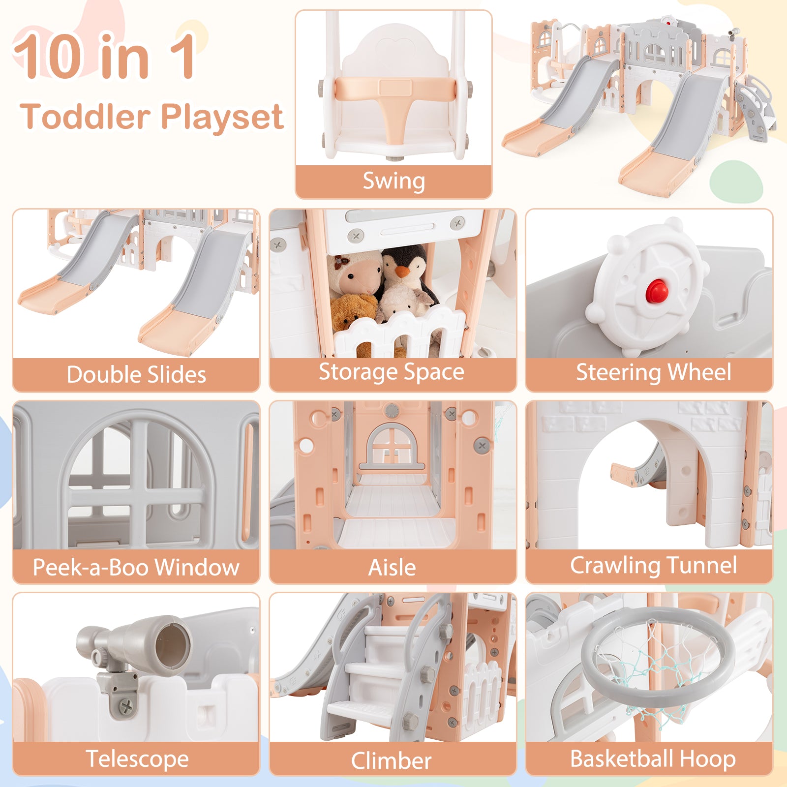 10-in-1 Toddler Slide and Swing Set with Double Slides and Tunnel-Pink