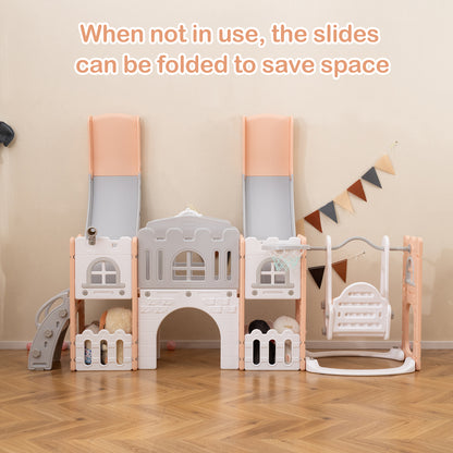 10-in-1 Toddler Slide and Swing Set with Double Slides and Tunnel-Pink
