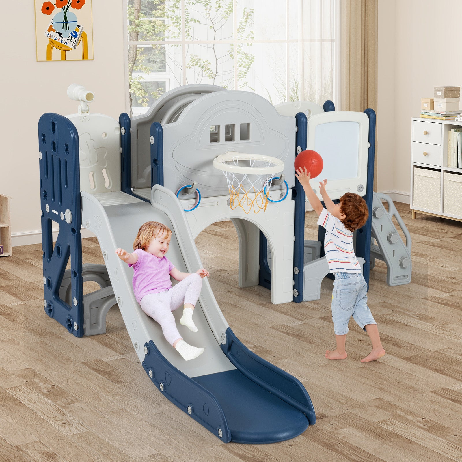 10 in 1 Toddler Slide Set Kids Slide and Climber Playset Indoor Playground-Blue