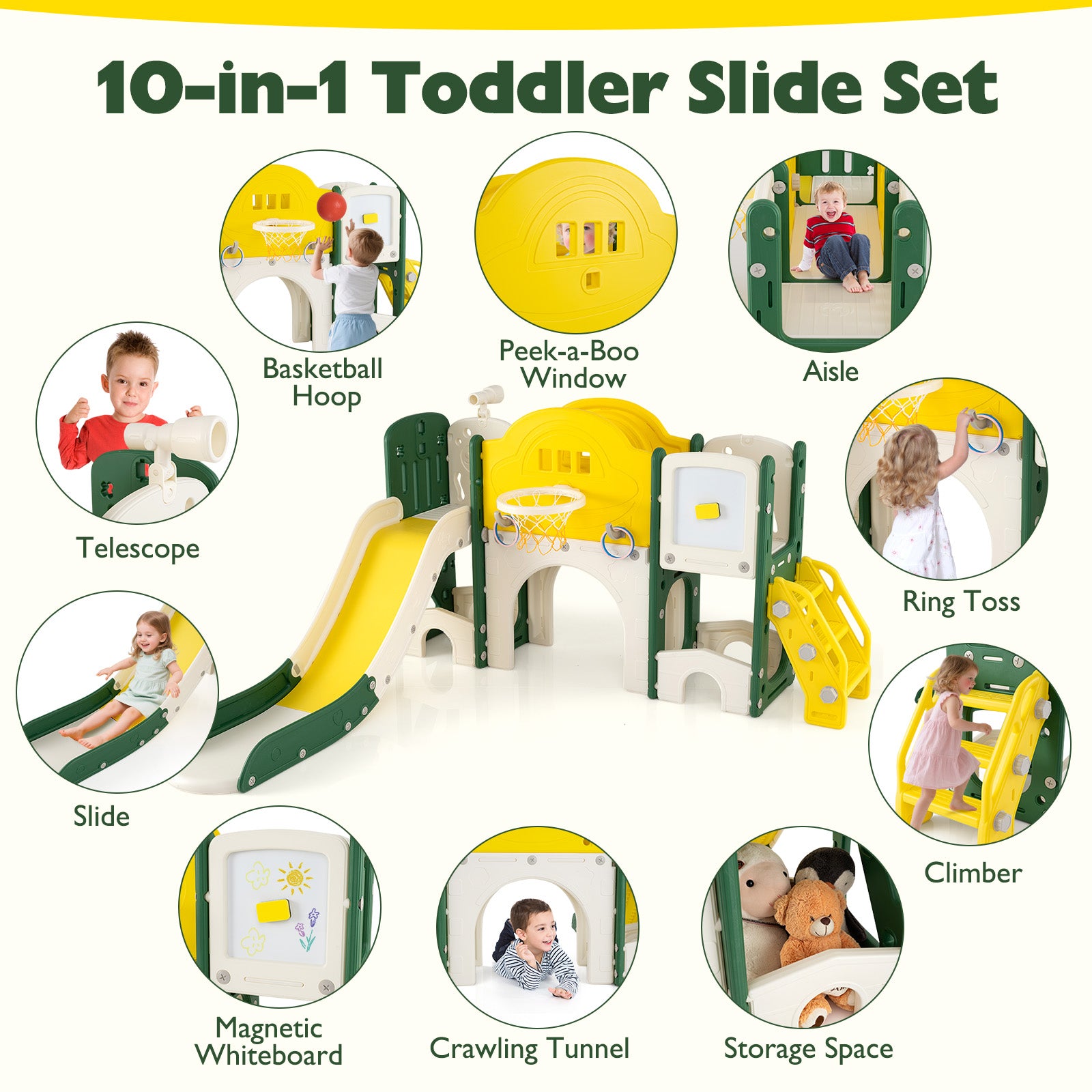 10 in 1 Toddler Slide Set Kids Slide and Climber Playset Indoor Playground-Yellow