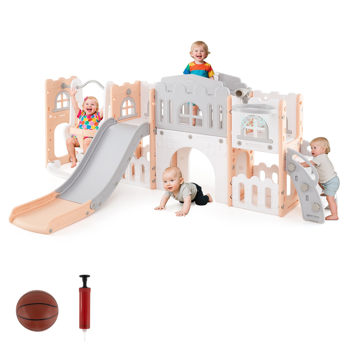 10-in-1 Toddler Swing and Slide Set Climber Playset with Basketball Hoop-Pink