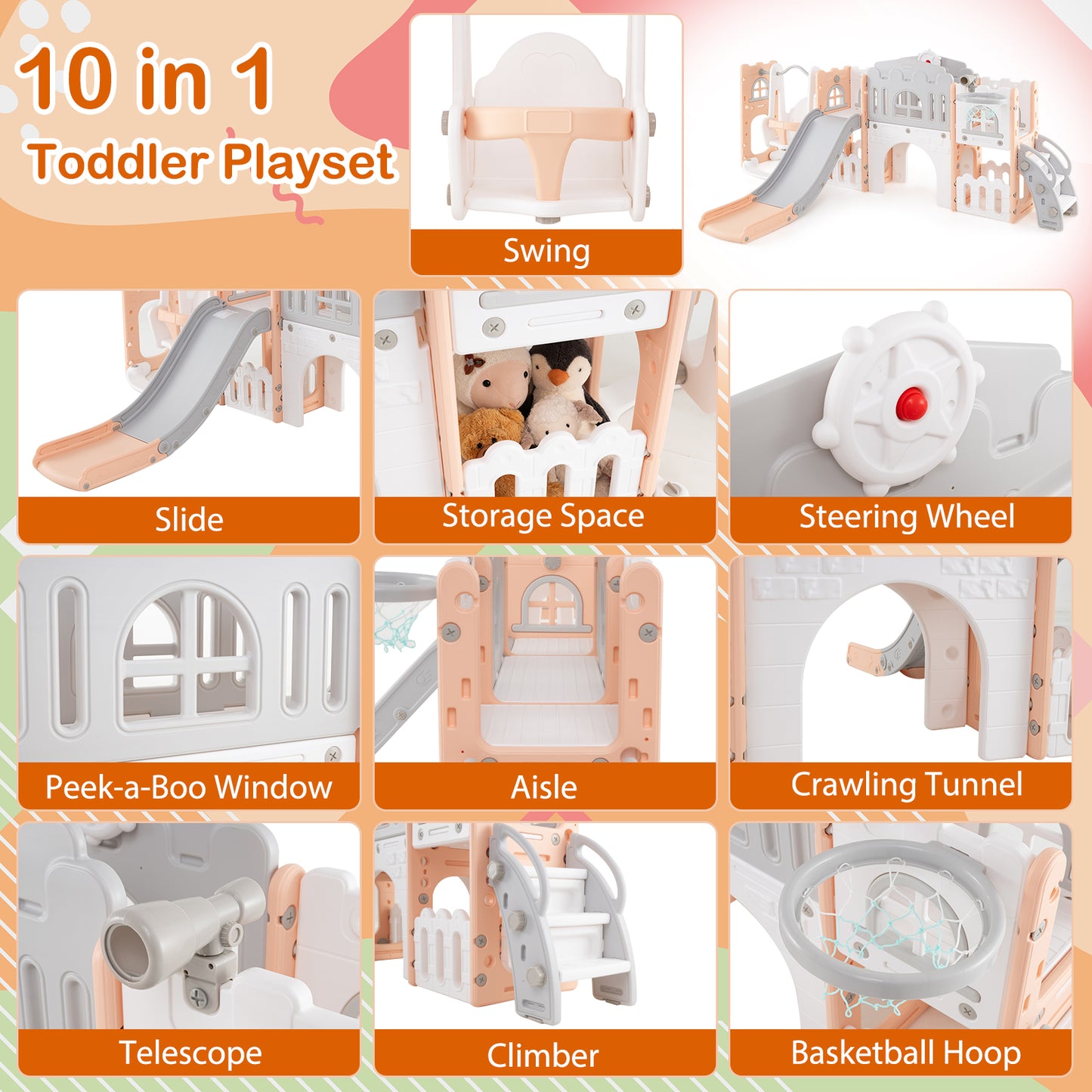10-in-1 Toddler Swing and Slide Set Climber Playset with Basketball Hoop-Pink