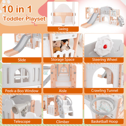 10-in-1 Toddler Swing and Slide Set Climber Playset with Basketball Hoop-Pink