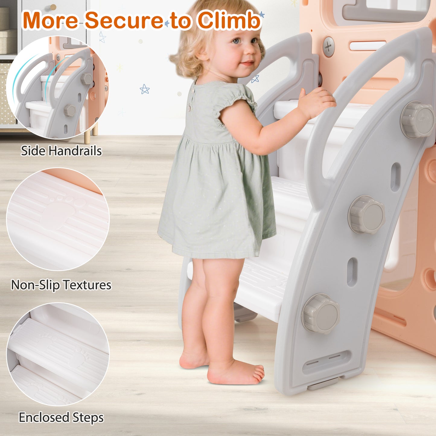 10-in-1 Toddler Swing and Slide Set Climber Playset with Basketball Hoop-Pink