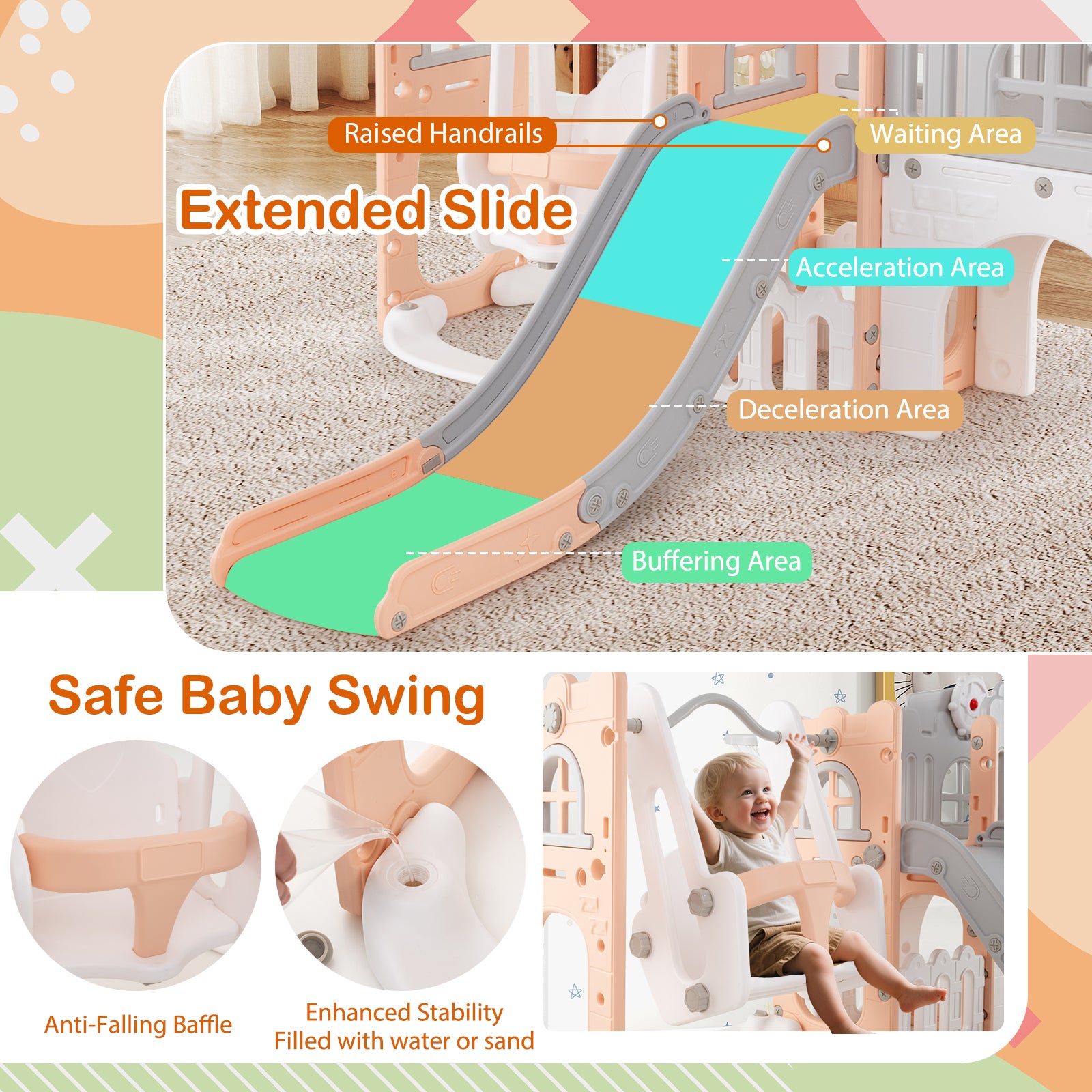 10-in-1 Toddler Swing and Slide Set Climber Playset with Basketball Hoop-Pink