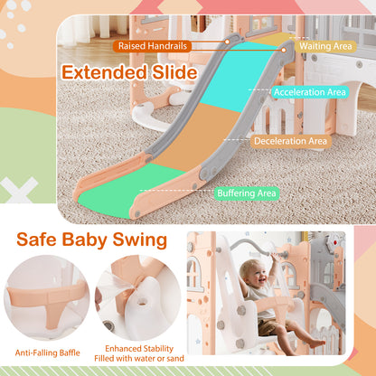 10-in-1 Toddler Swing and Slide Set Climber Playset with Basketball Hoop-Pink