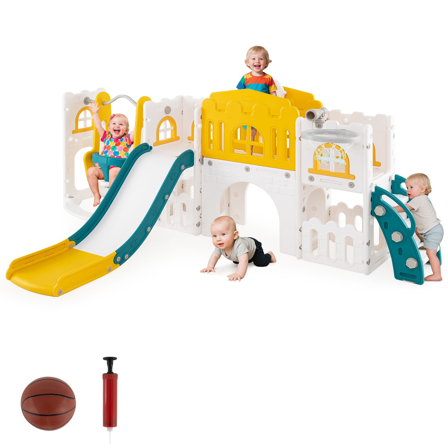 10-in-1 Toddler Swing and Slide Set Climber Playset with Basketball Hoop-Yellow