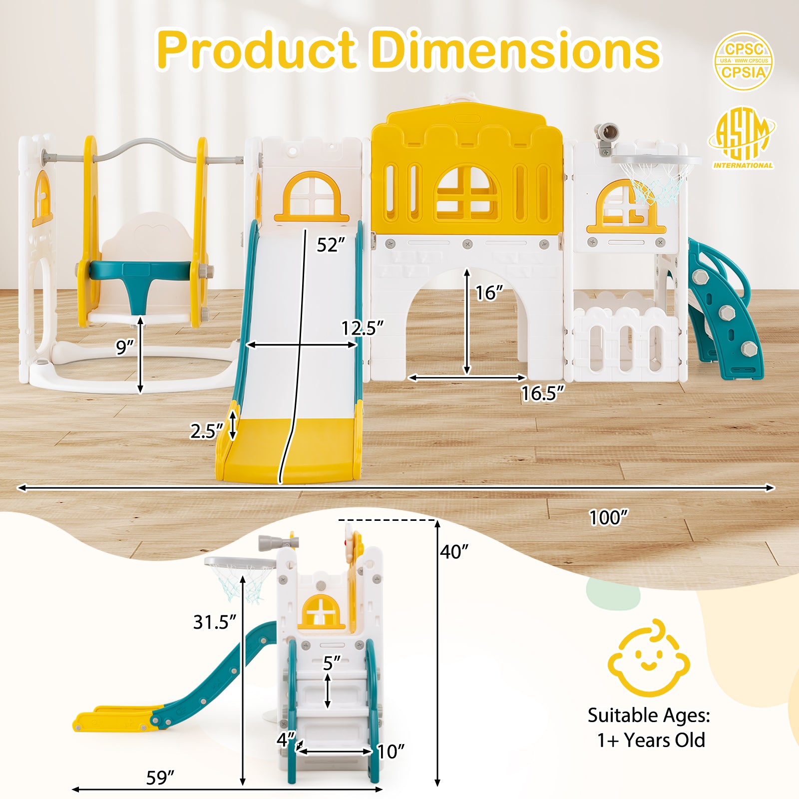 10-in-1 Toddler Swing and Slide Set Climber Playset with Basketball Hoop-Yellow