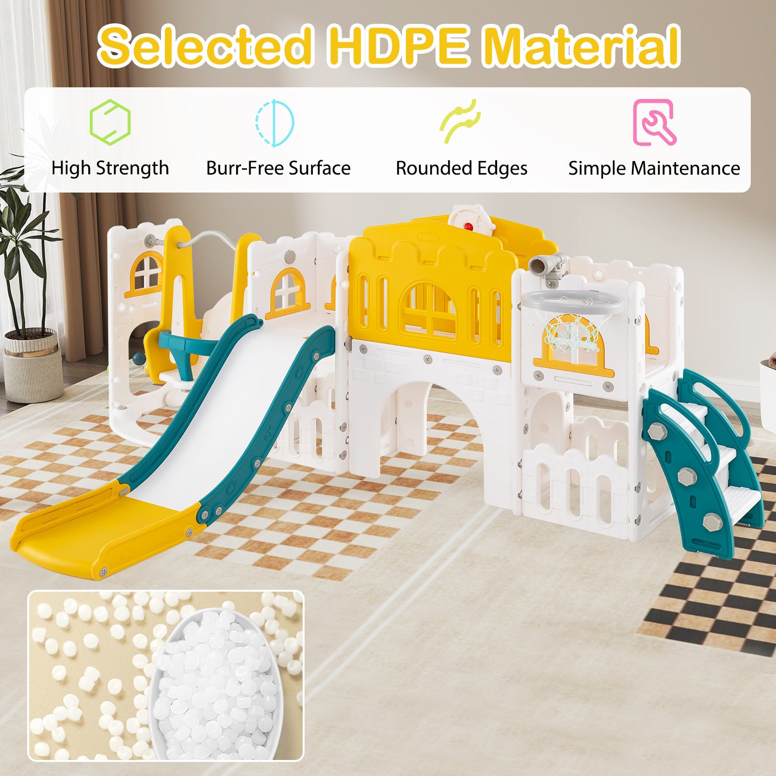 10-in-1 Toddler Swing and Slide Set Climber Playset with Basketball Hoop-Yellow
