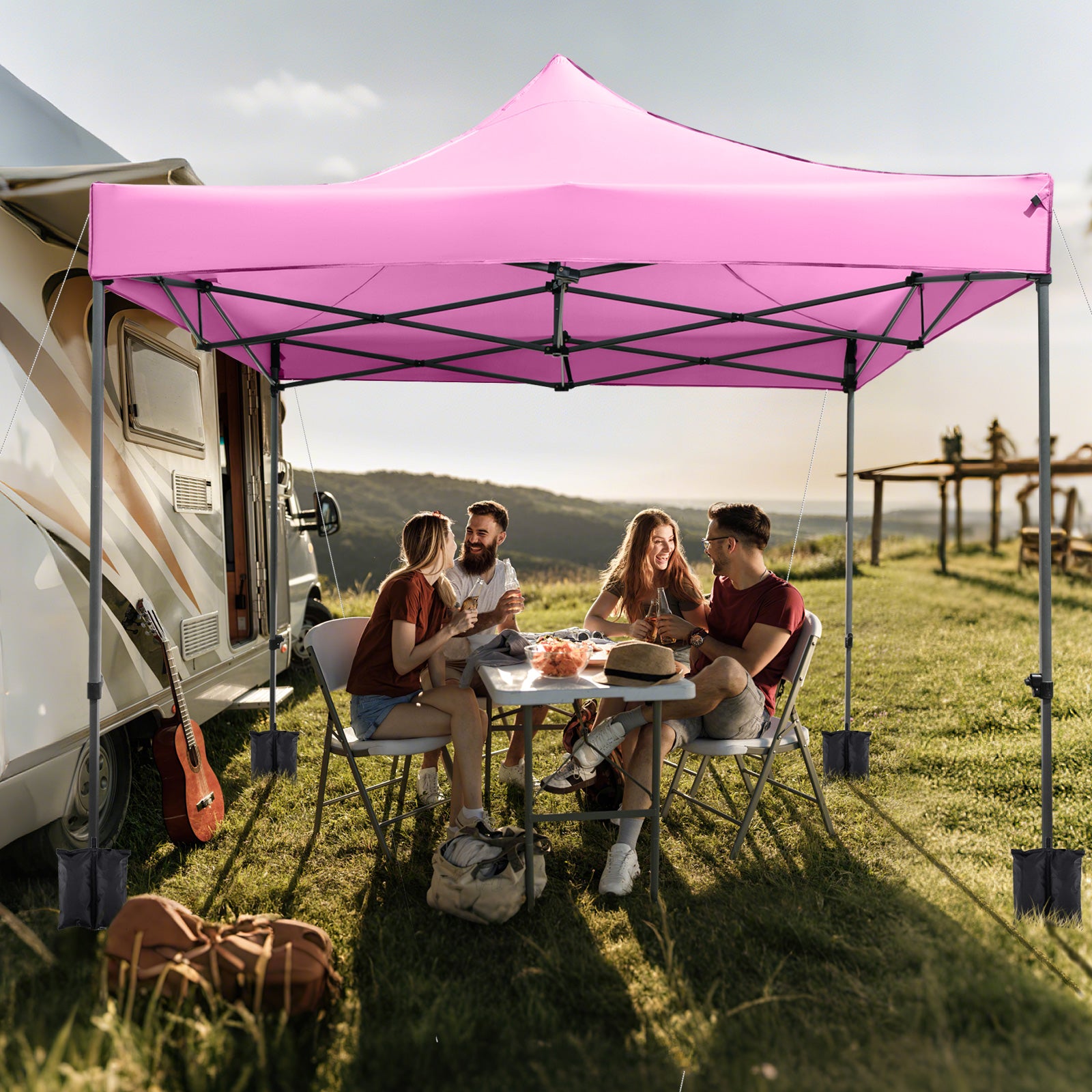 10 x 10 FT Outdoor Pop up Canopy Tent Easy Setup Gazebo Shelter with Wheeled Bag-Pink