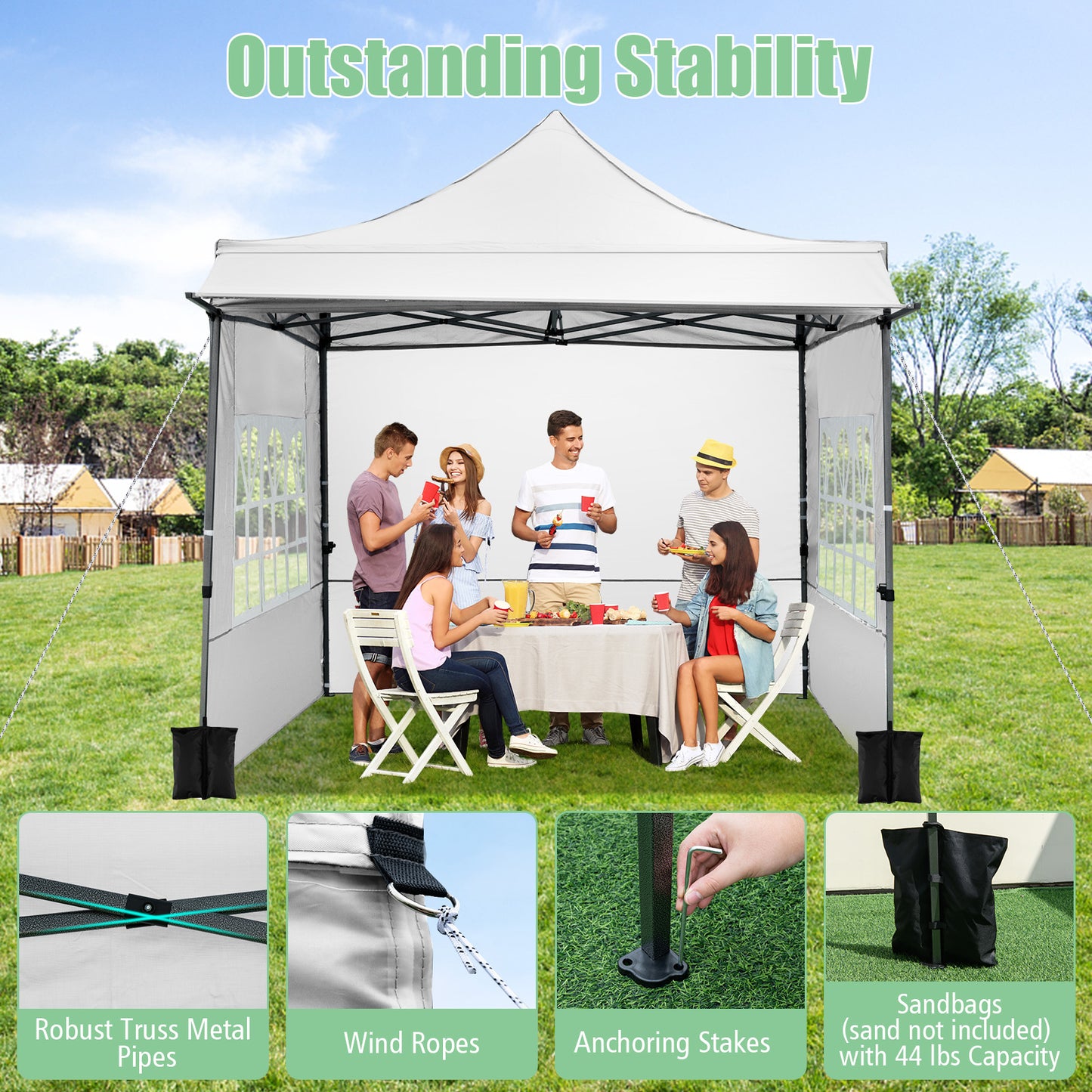 10 x 10 FT Pop up Canopy Tent with Sidewalls and Awning for Party Picnic Event-White