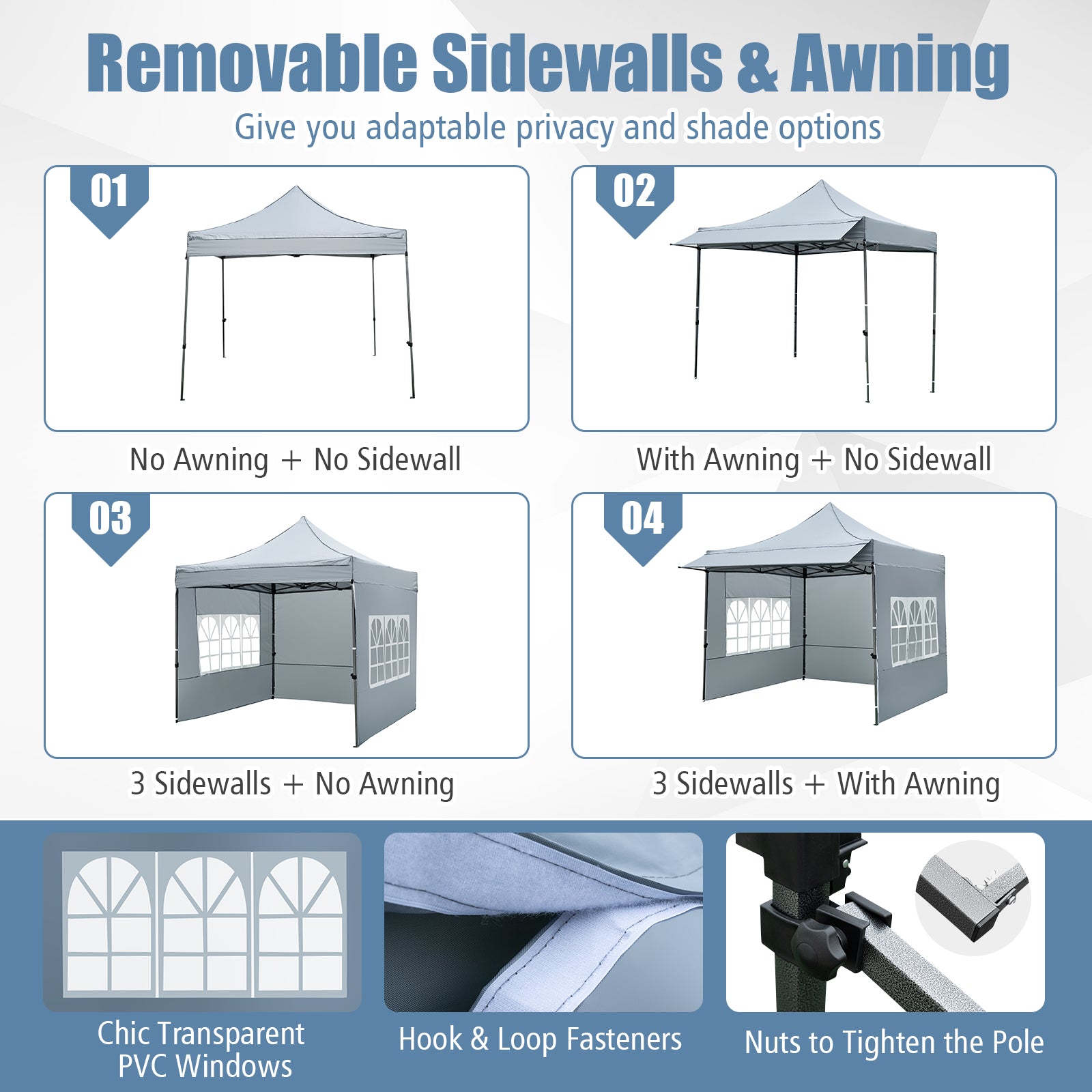 10 x 10 FT Pop up Canopy Tent with Sidewalls and Awning for Party Picnic Event-Gray