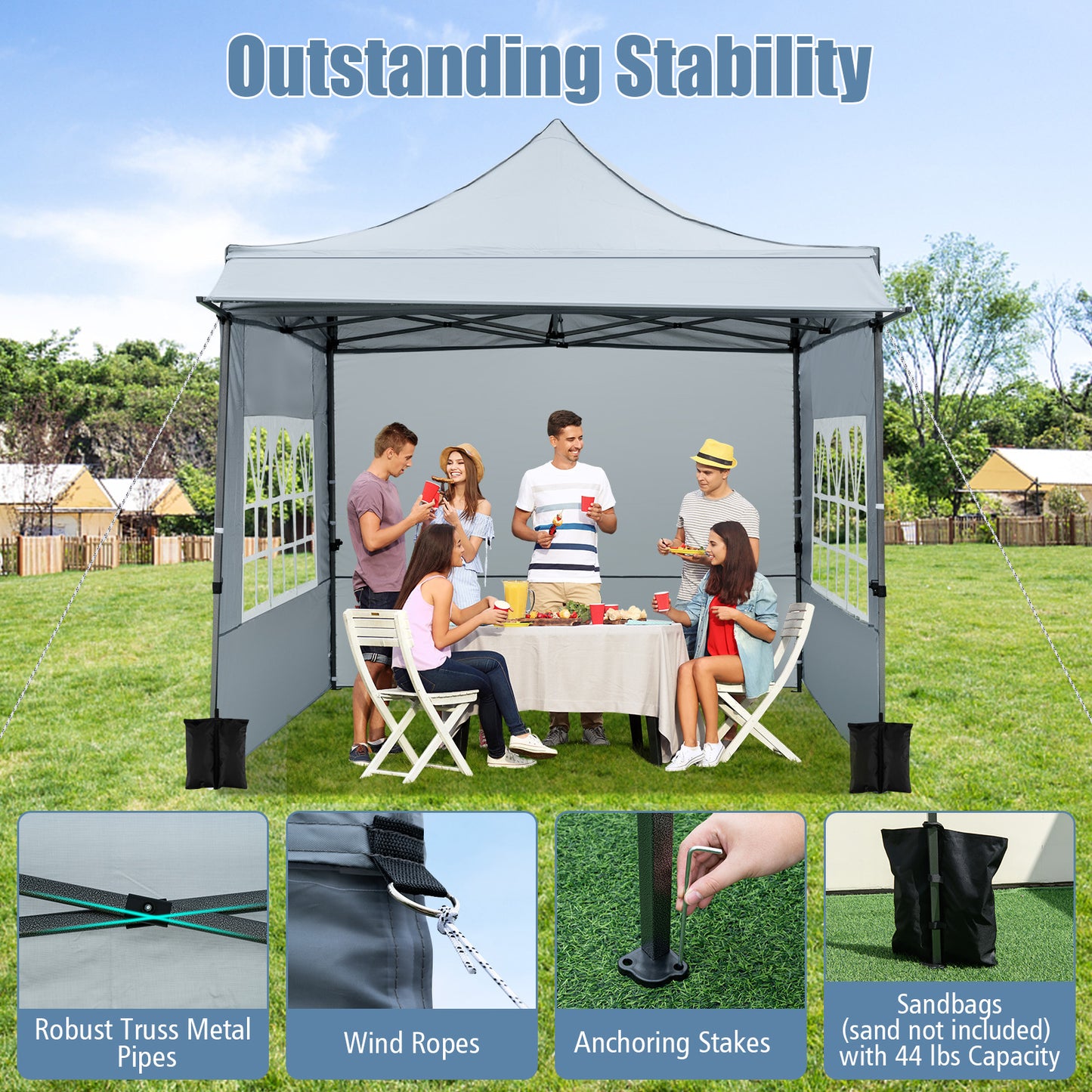 10 x 10 FT Pop up Canopy Tent with Sidewalls and Awning for Party Picnic Event-Gray