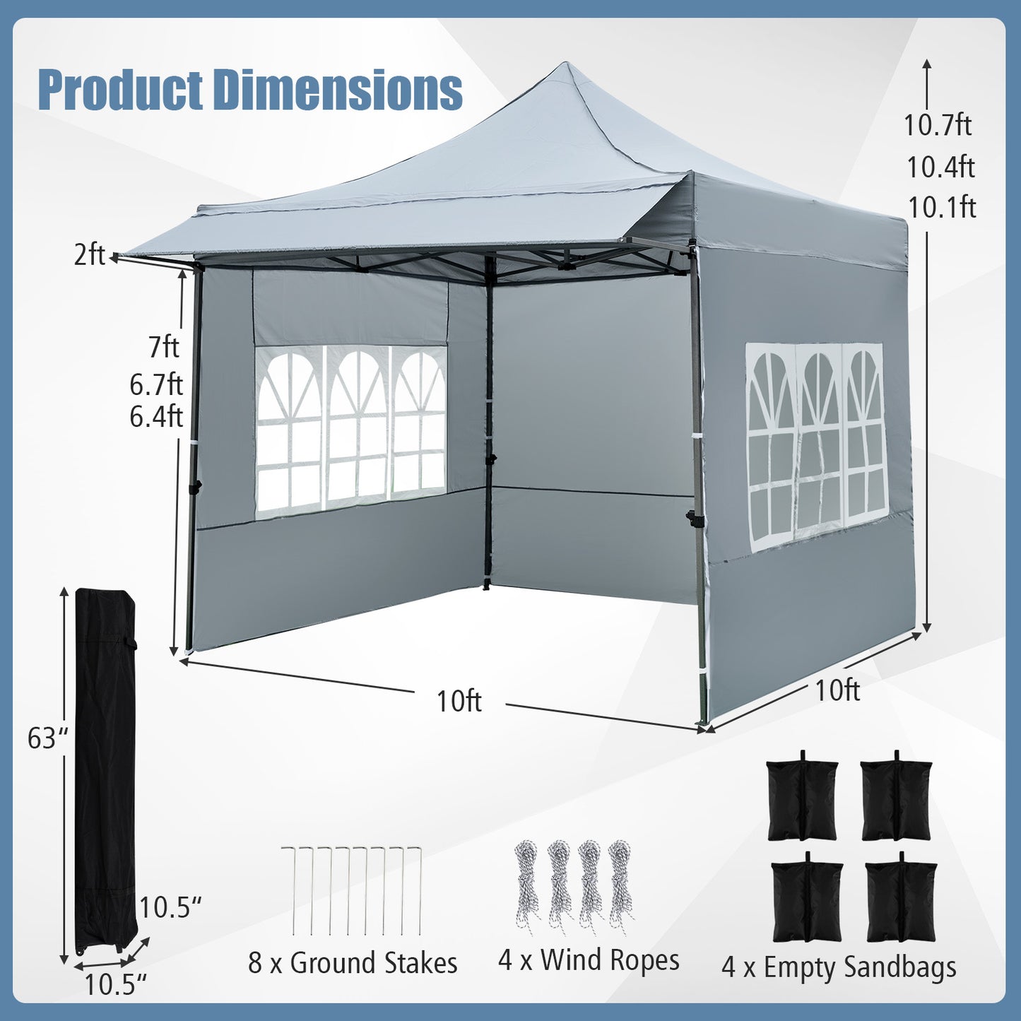 10 x 10 FT Pop up Canopy Tent with Sidewalls and Awning for Party Picnic Event-Gray