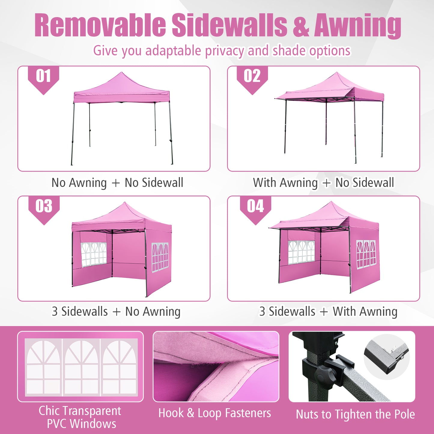 10 x 10 FT Pop up Canopy Tent with Sidewalls and Awning for Party Picnic Event-Pink