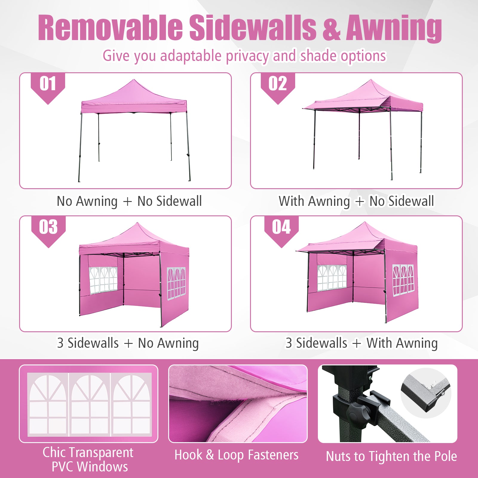 10 x 10 FT Pop up Canopy Tent with Sidewalls and Awning for Party Picnic Event-Pink