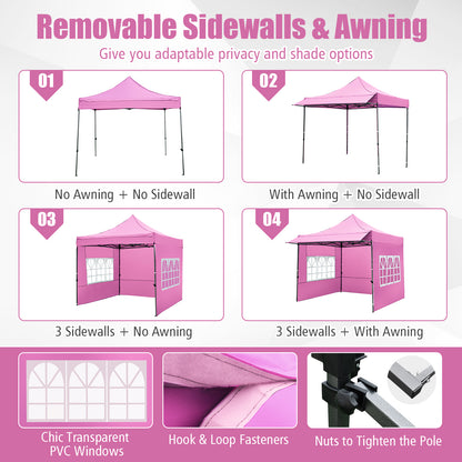 10 x 10 FT Pop up Canopy Tent with Sidewalls and Awning for Party Picnic Event-Pink