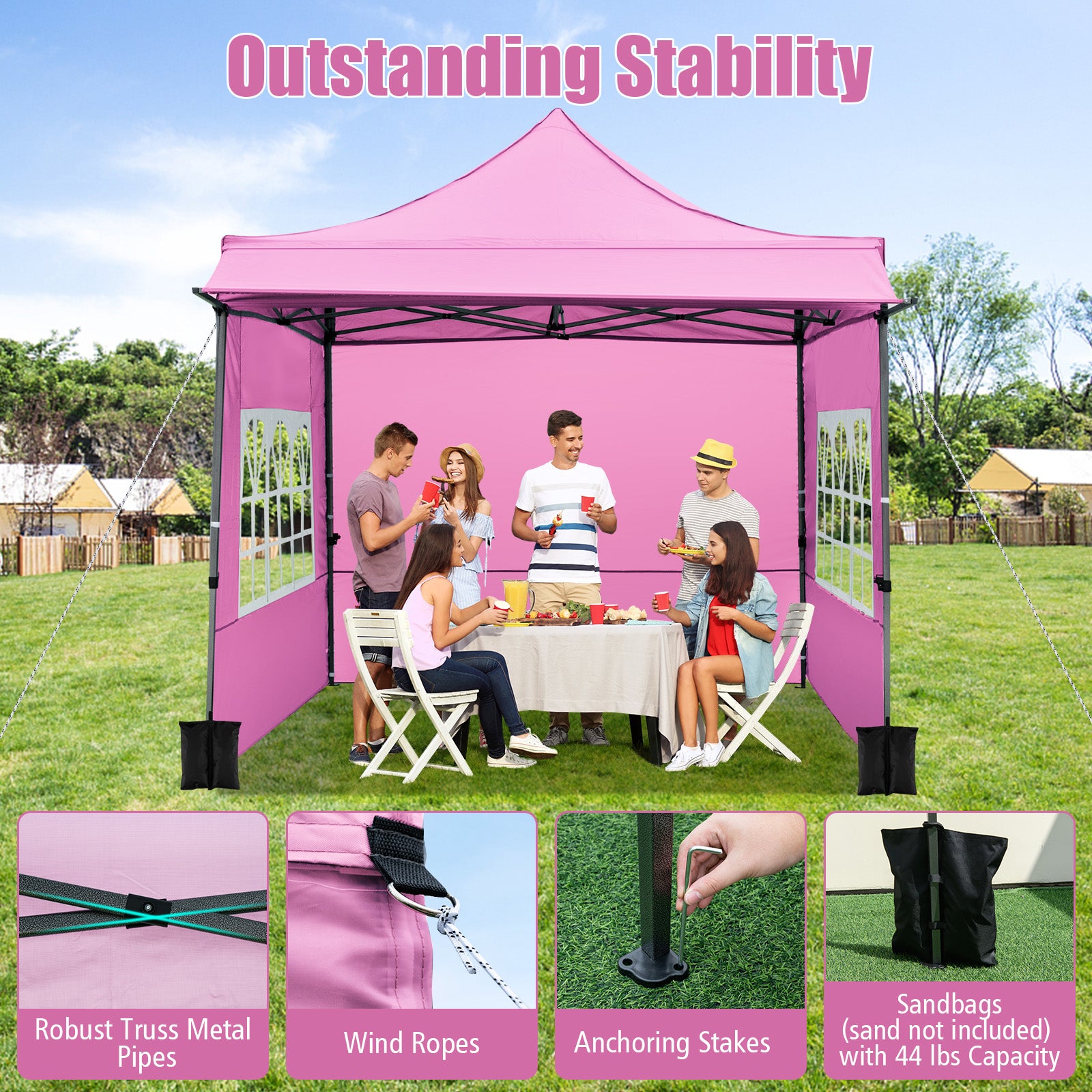 10 x 10 FT Pop up Canopy Tent with Sidewalls and Awning for Party Picnic Event-Pink