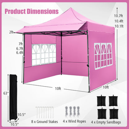 10 x 10 FT Pop up Canopy Tent with Sidewalls and Awning for Party Picnic Event-Pink