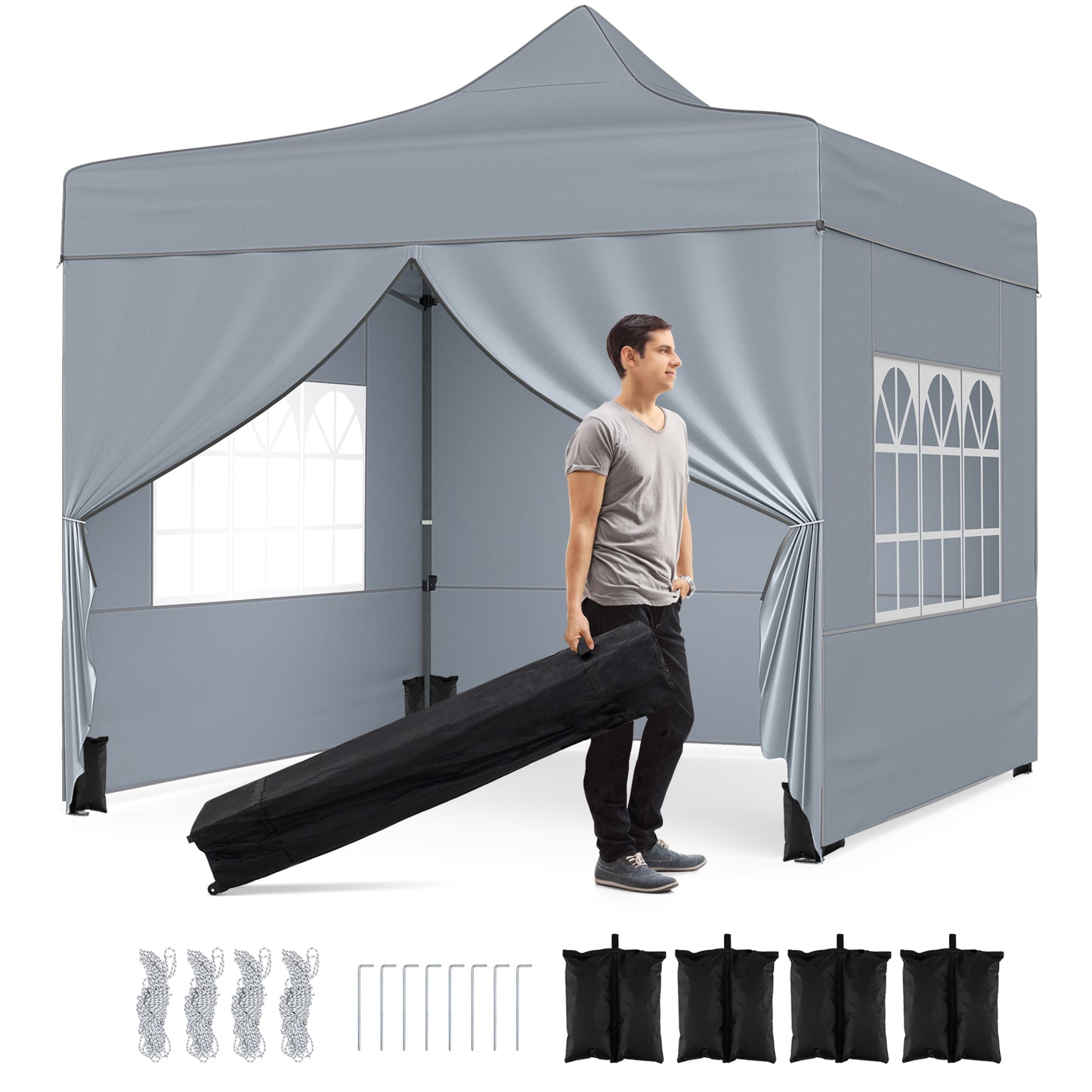 10 x 10 FT Pop up Canopy Tent with 4 Removable Sidewalls and Wheeled Bag-Gray