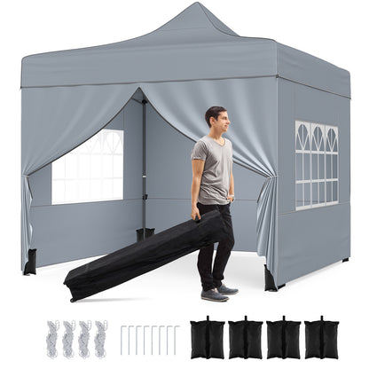 10 x 10 FT Pop up Canopy Tent with 4 Removable Sidewalls and Wheeled Bag-Gray