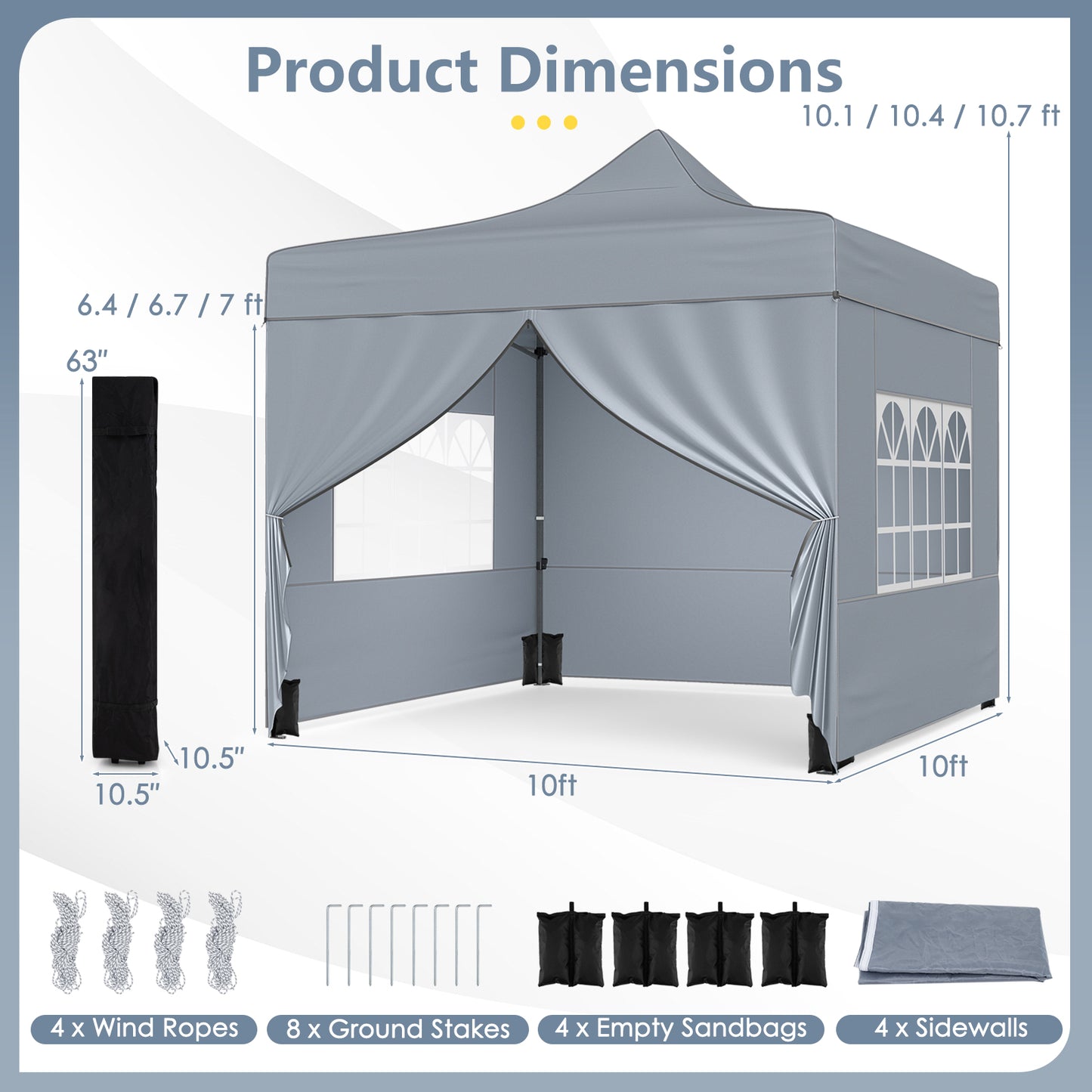 10 x 10 FT Pop up Canopy Tent with 4 Removable Sidewalls and Wheeled Bag-Gray