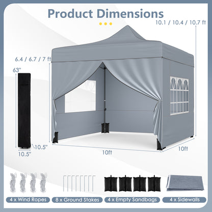 10 x 10 FT Pop up Canopy Tent with 4 Removable Sidewalls and Wheeled Bag-Gray
