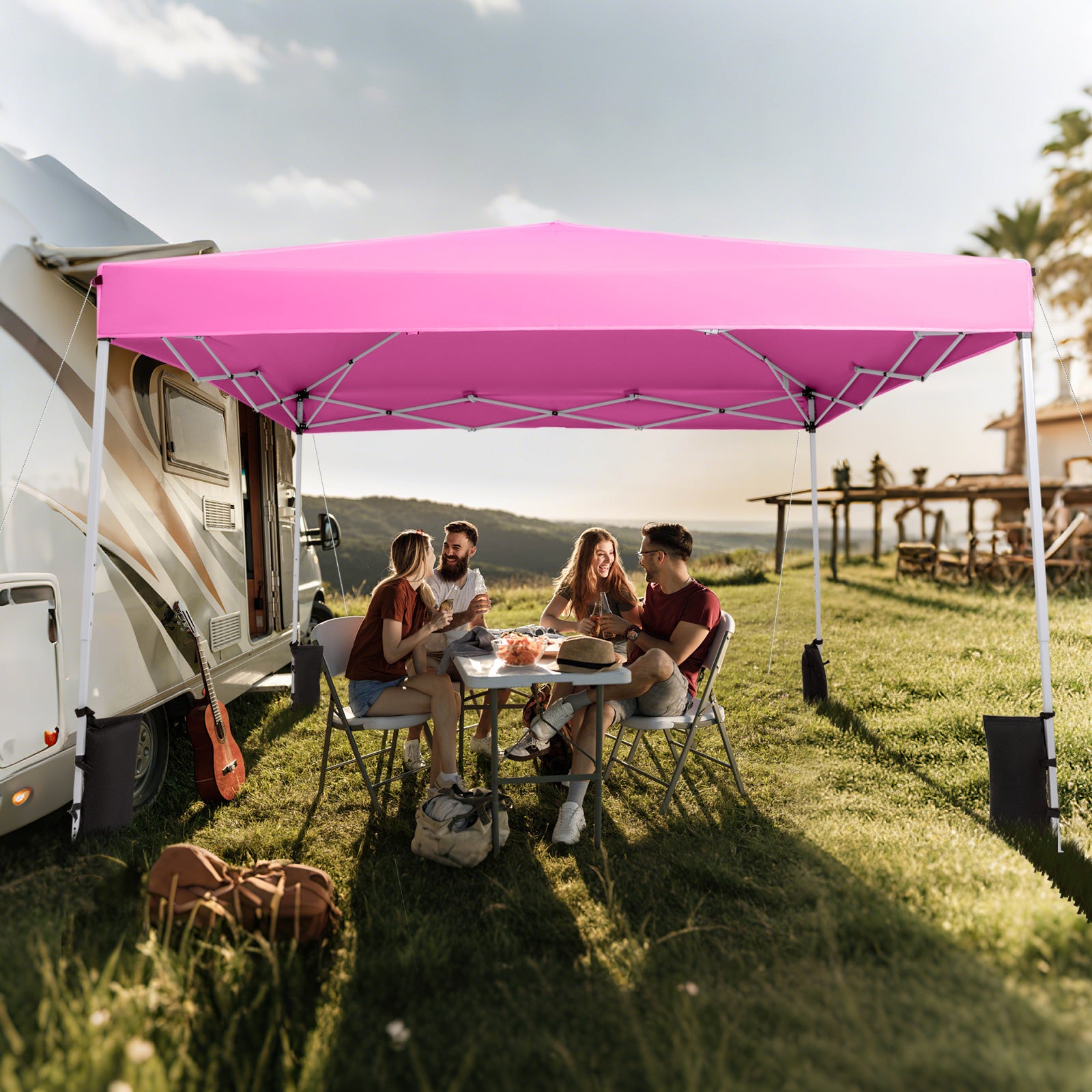 10 x 10 Feet Pop up Canopy Tent with Carrying Bag and 4 Sandbags-Pink
