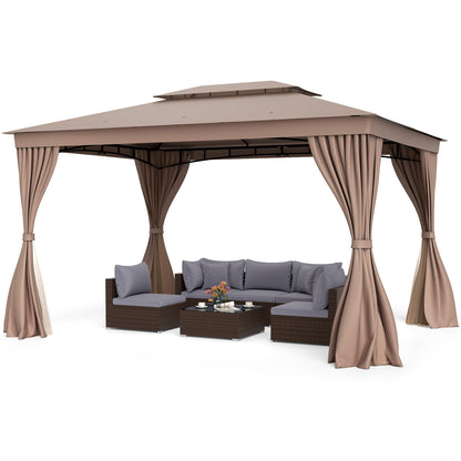 10 x 13 Feet Patio Gazebo Double-Roof with Mesh Netting and Privacy Curtains-Coffee