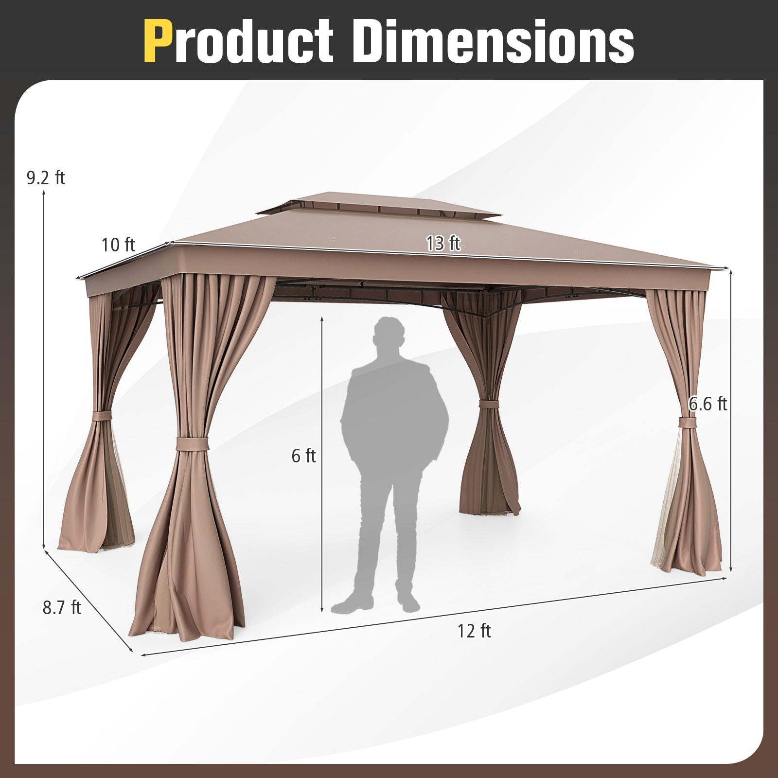 10 x 13 Feet Patio Gazebo Double-Roof with Mesh Netting and Privacy Curtains-Coffee