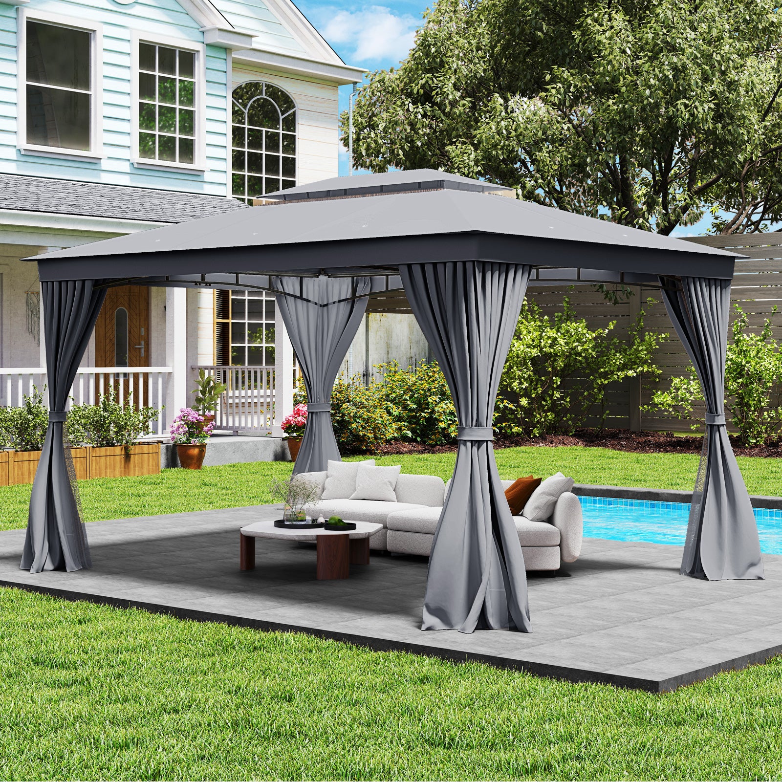 10 x 13 Feet Patio Gazebo Double-Roof with Mesh Netting and Privacy Curtains-Gray