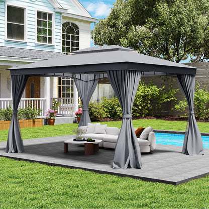 10 x 13 Feet Patio Gazebo Double-Roof with Mesh Netting and Privacy Curtains-Gray