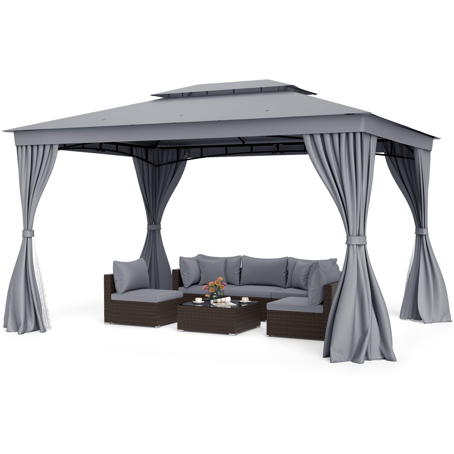 10 x 13 Feet Patio Gazebo Double-Roof with Mesh Netting and Privacy Curtains-Gray