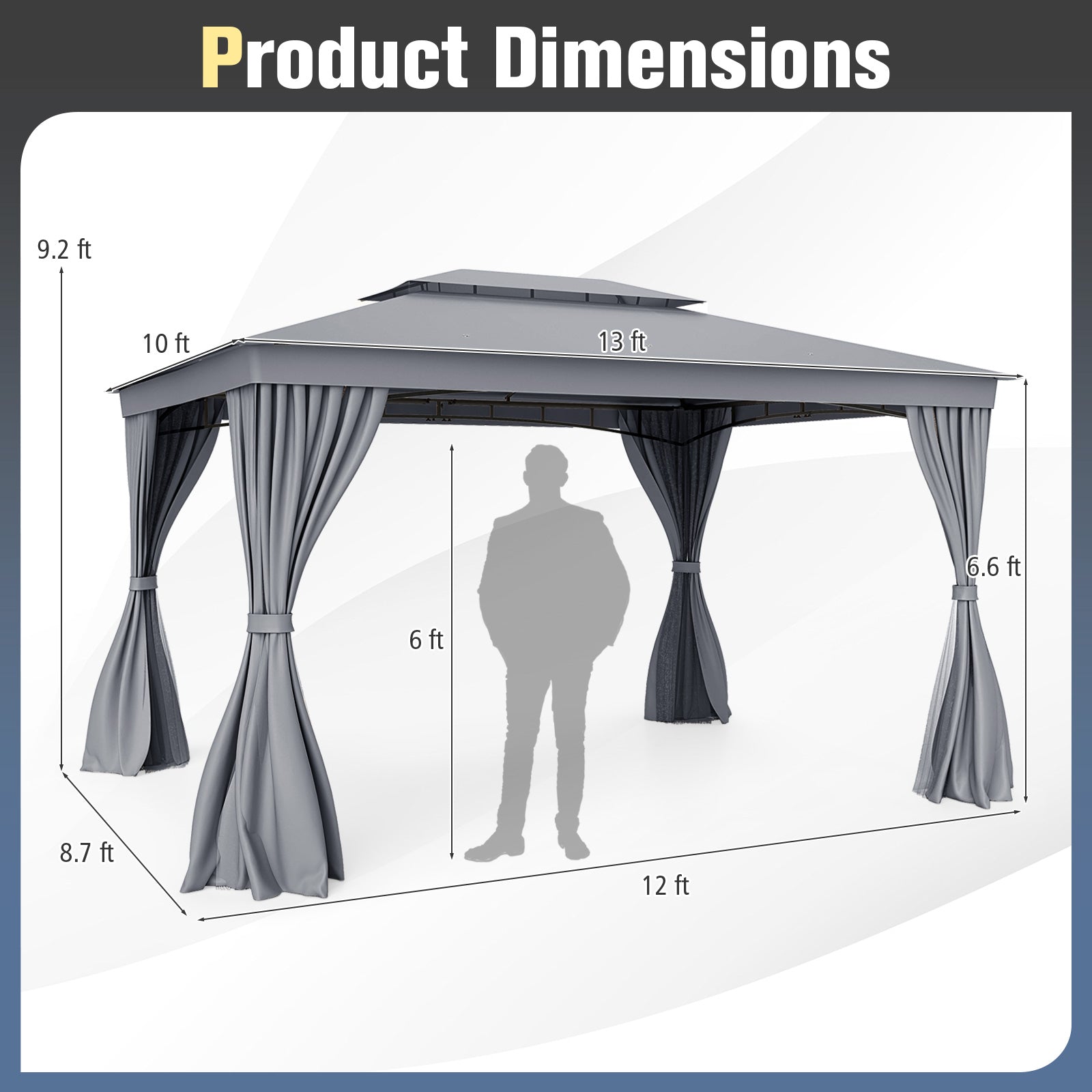 10 x 13 Feet Patio Gazebo Double-Roof with Mesh Netting and Privacy Curtains-Gray