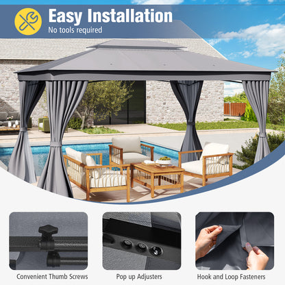 10 x 13 Feet Patio Gazebo Double-Roof with Mesh Netting and Privacy Curtains-Gray