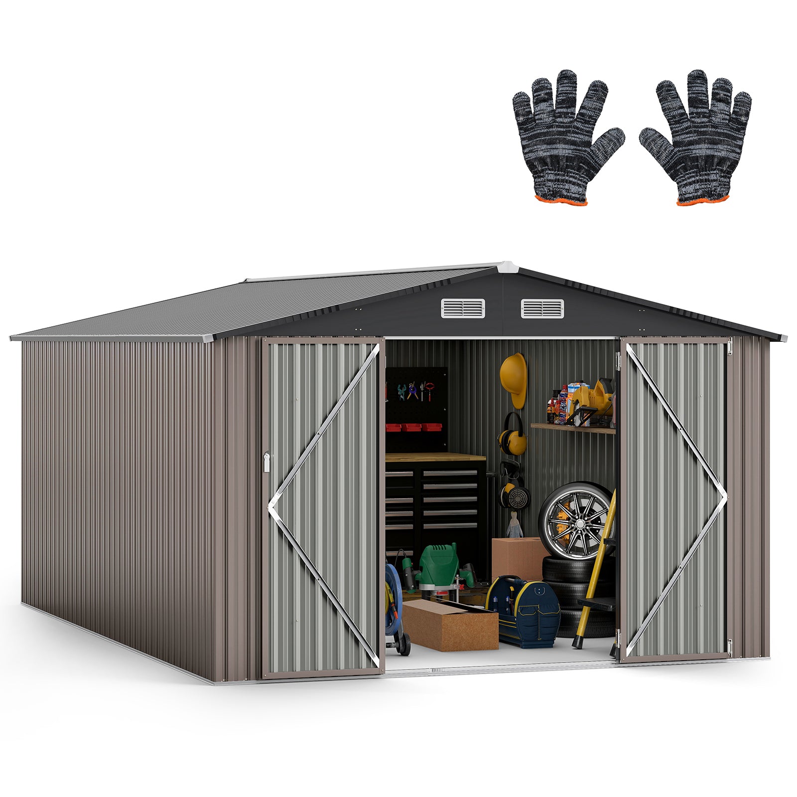 10 x 14 FT Outdoor Storage Shed with Improved Windproof Metal Structure-Gray
