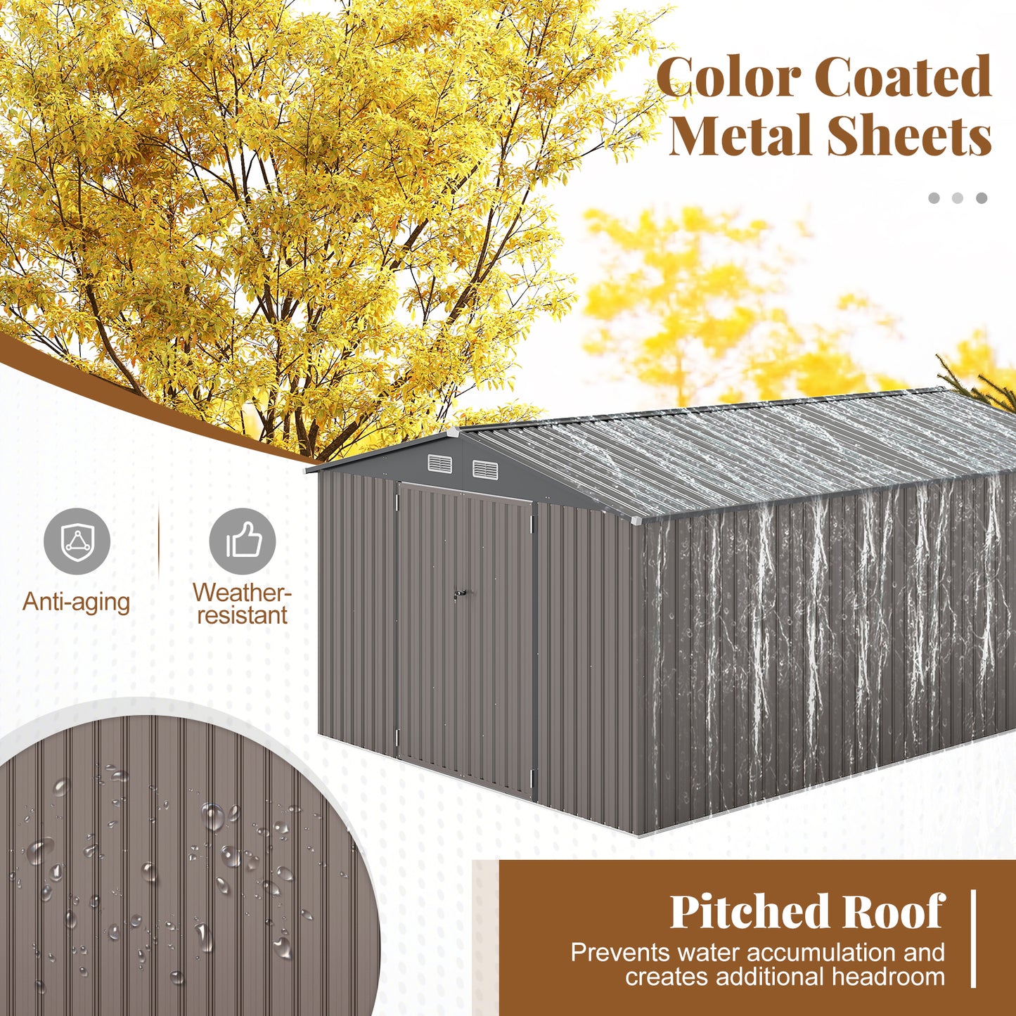 10 x 14 FT Outdoor Storage Shed with Improved Windproof Metal Structure-Gray