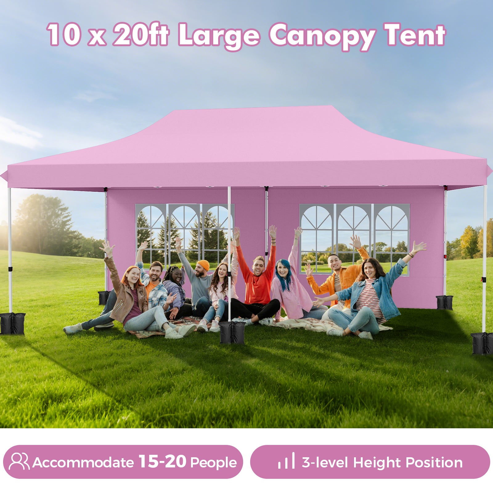10 x 20 Feet Pop up Canopy with 6 Sidewalls Windows and Carrying Bag-Pink - Pink