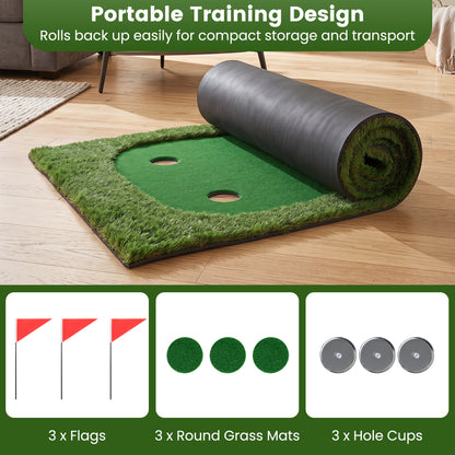 Golf Putting Green Mat 10x3.5ft with 3 Holes and Flags