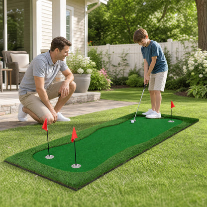 Golf Putting Green Mat 10x3.5ft with 3 Holes and Flags
