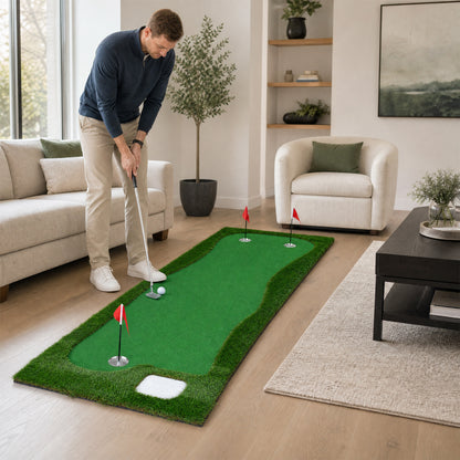 Golf Putting Green Mat 10x3.5ft with 3 Holes and Flags