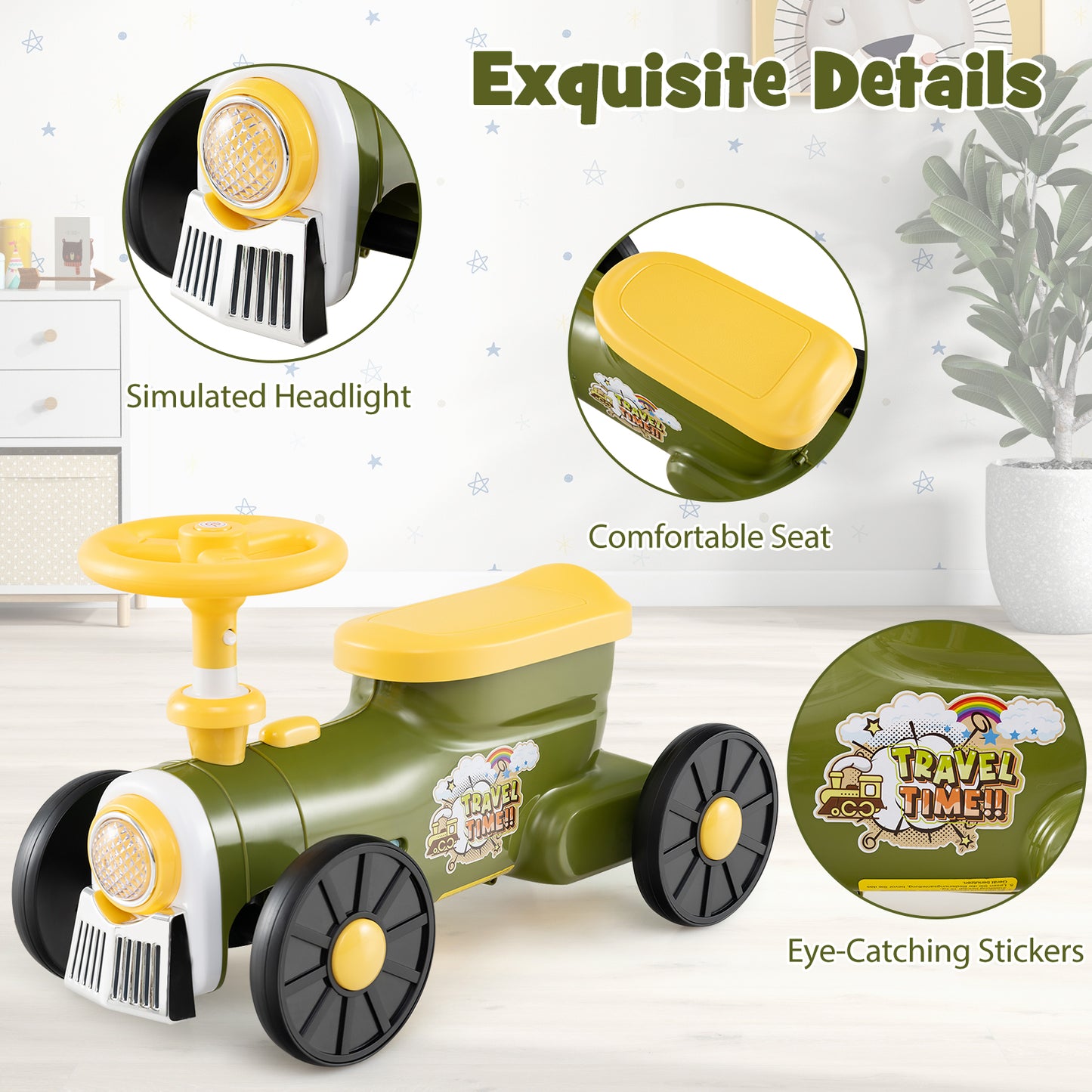 Ride on Toy with Steering Wheel and Train Whistle Sound Button-Green