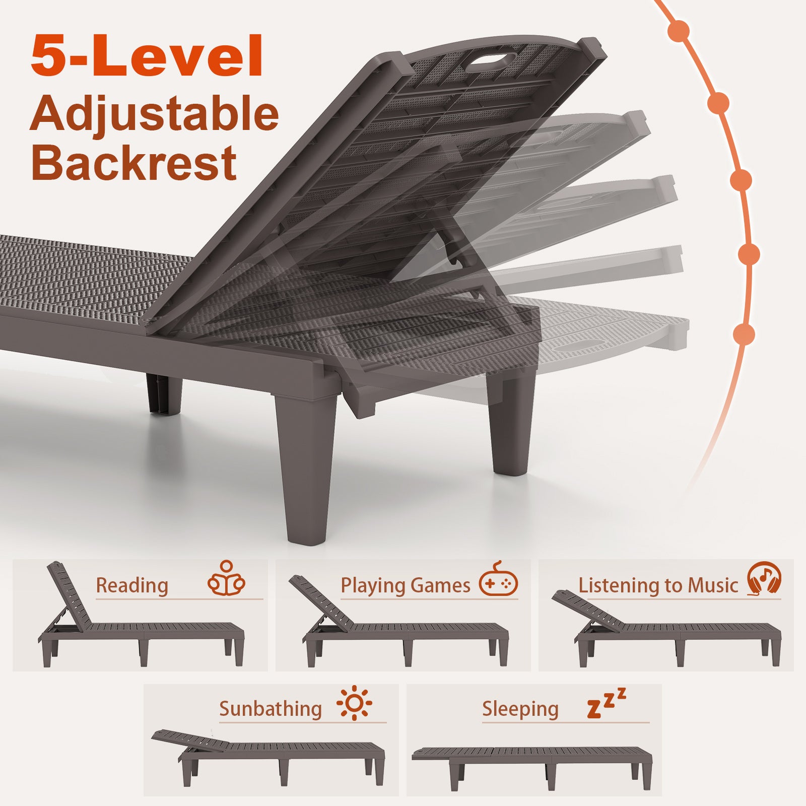 Outdoor PP Chaise Lounge Chairs Set of 2 with 4-Position Adjustable Backrests-Coffee