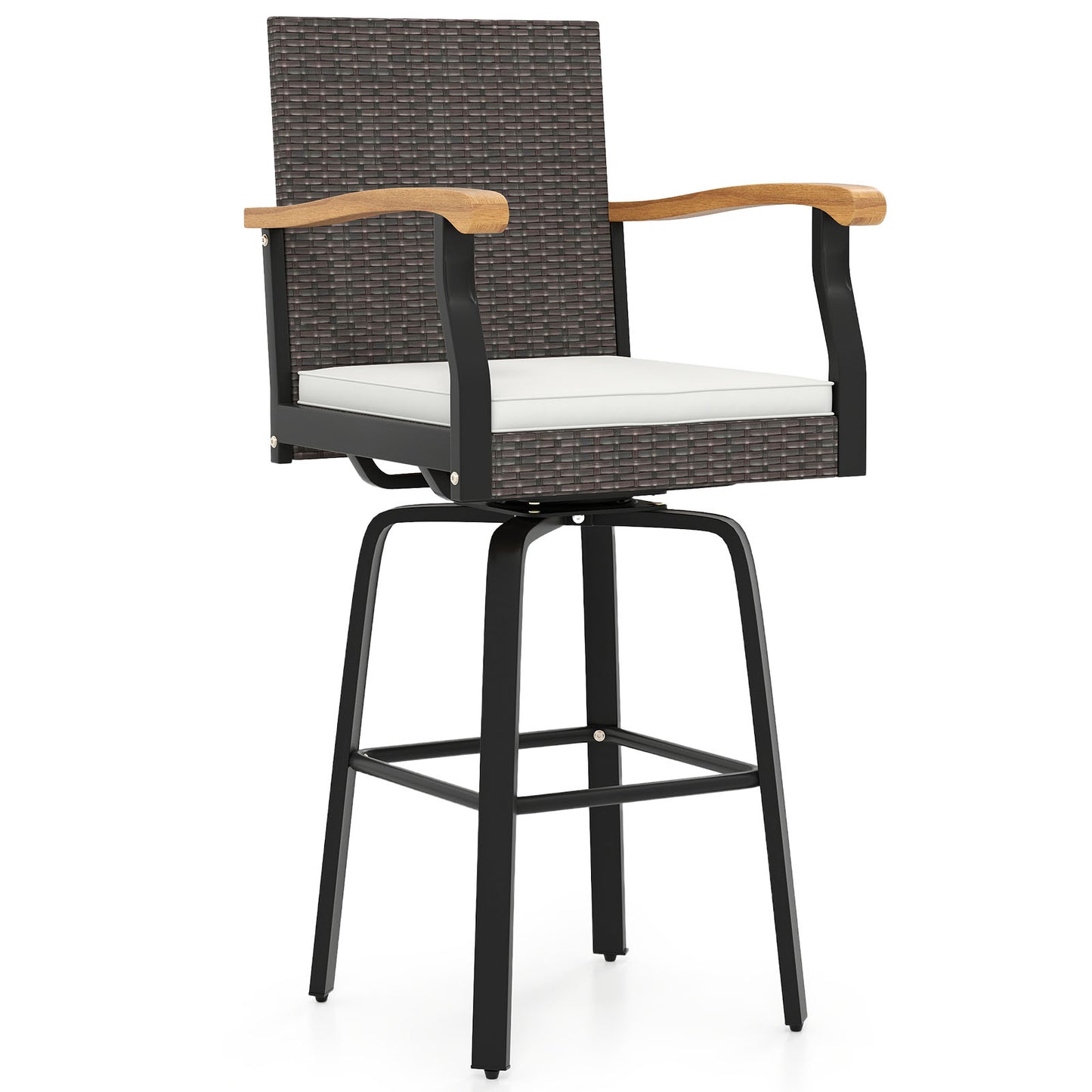 One Outdoor 360¬∞ Swivel Bar Stool with Cushion and Acacia Wood Armrests