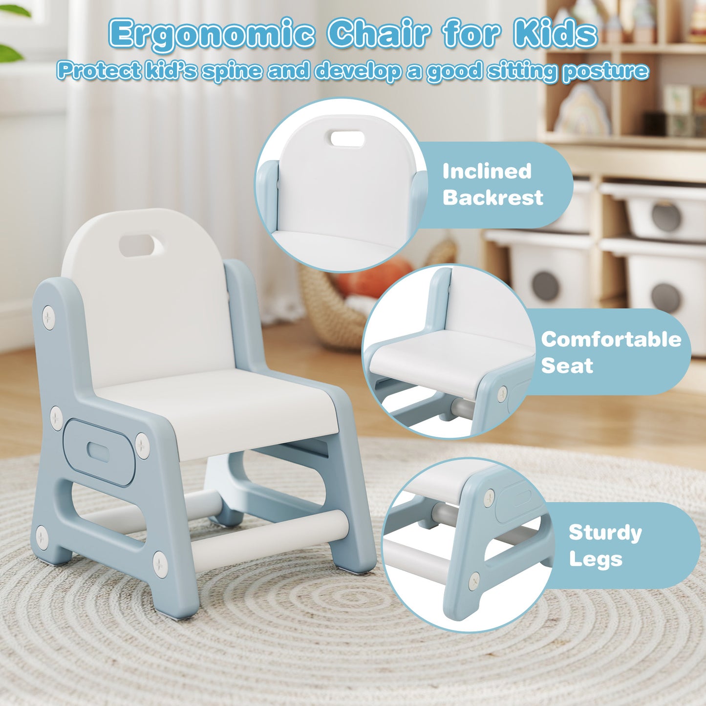 Height Adjustable Kids Table and Chair Set with Tiltable Whiteboard and Concave Shelf-Blue