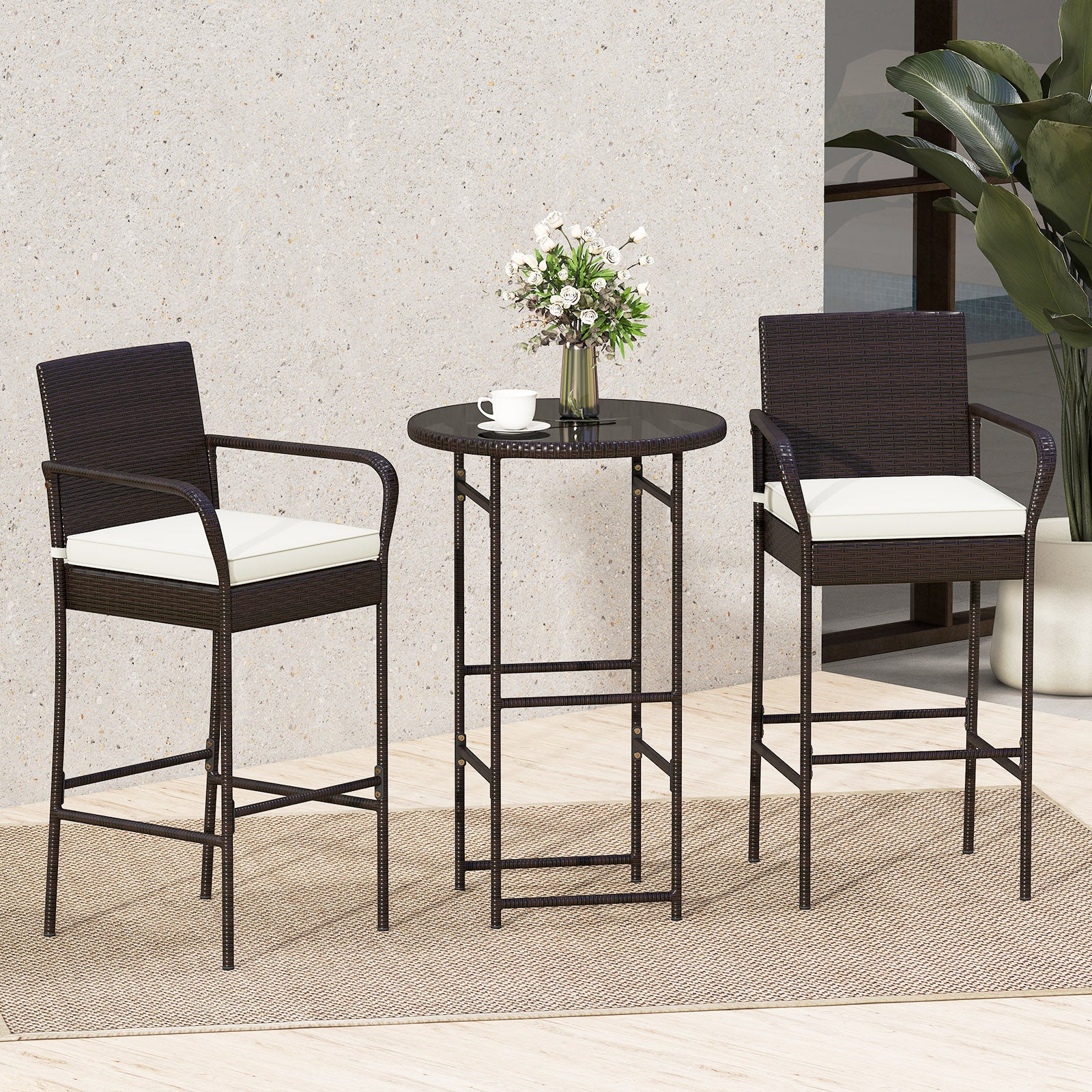 3 Piece Outdoor Bar Set with 2 Seat Cushions for Porch Yard-White