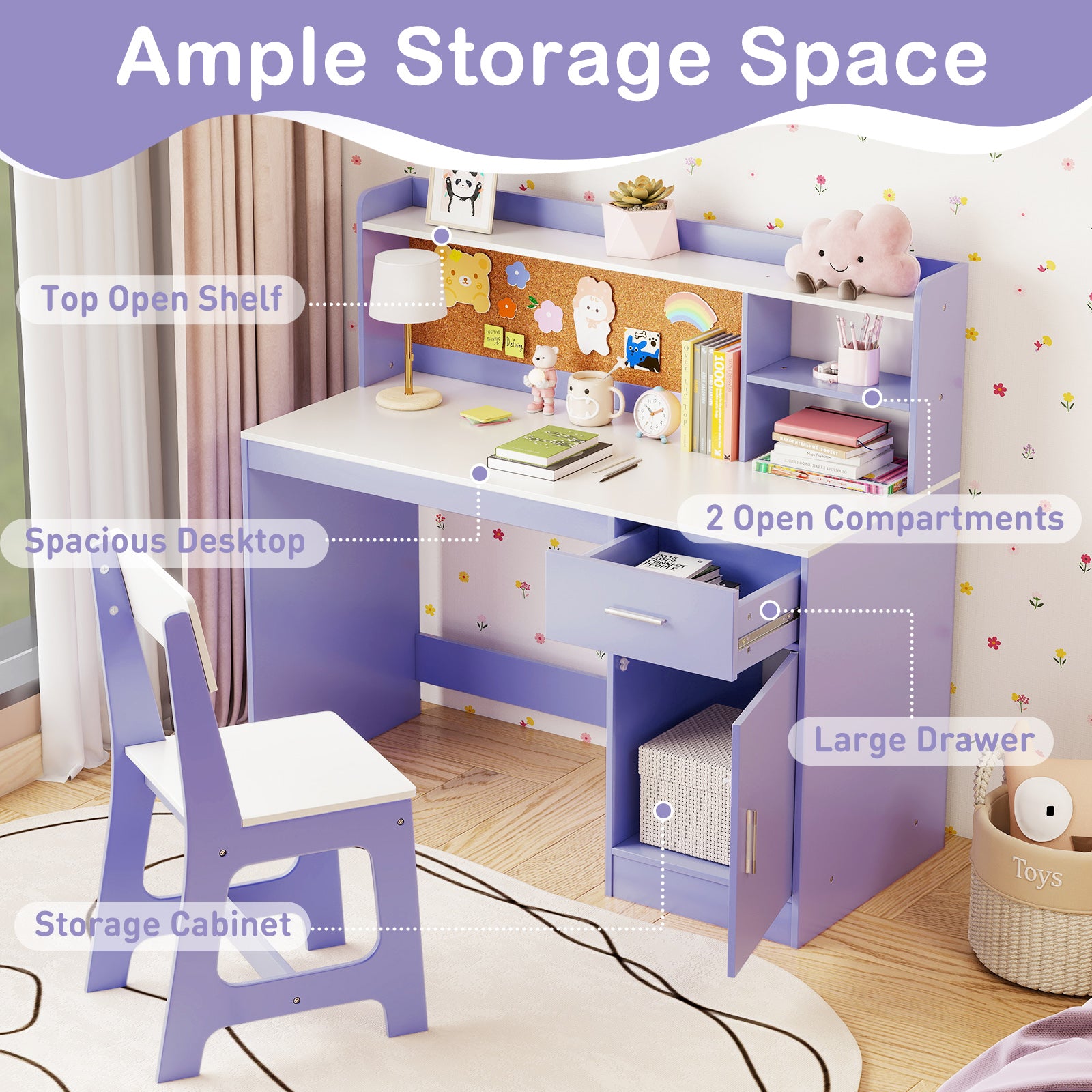 Kids Study Desk and Chair Set Student Table and Chair-Purple