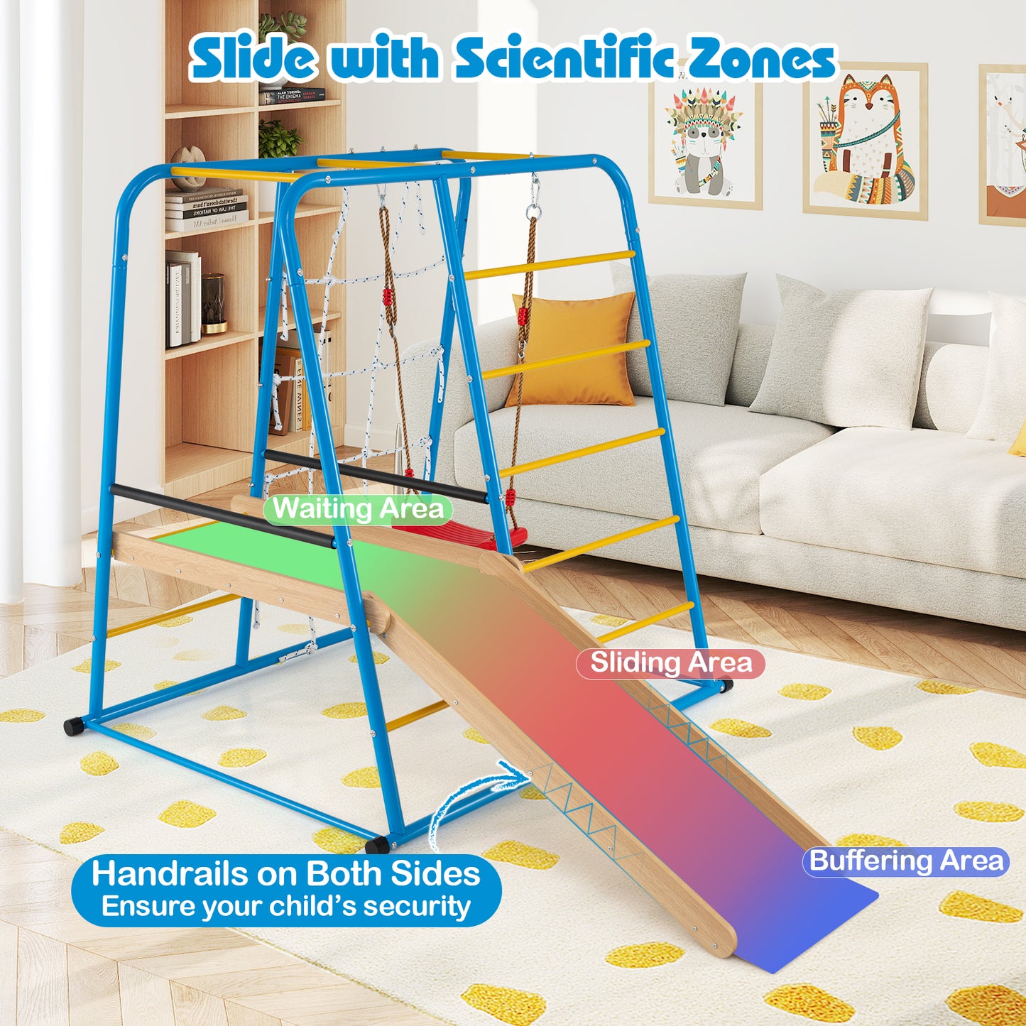 6-in-1 Indoor Jungle Gym with Slide for Boys and Girls 3+ Years Old-Blue