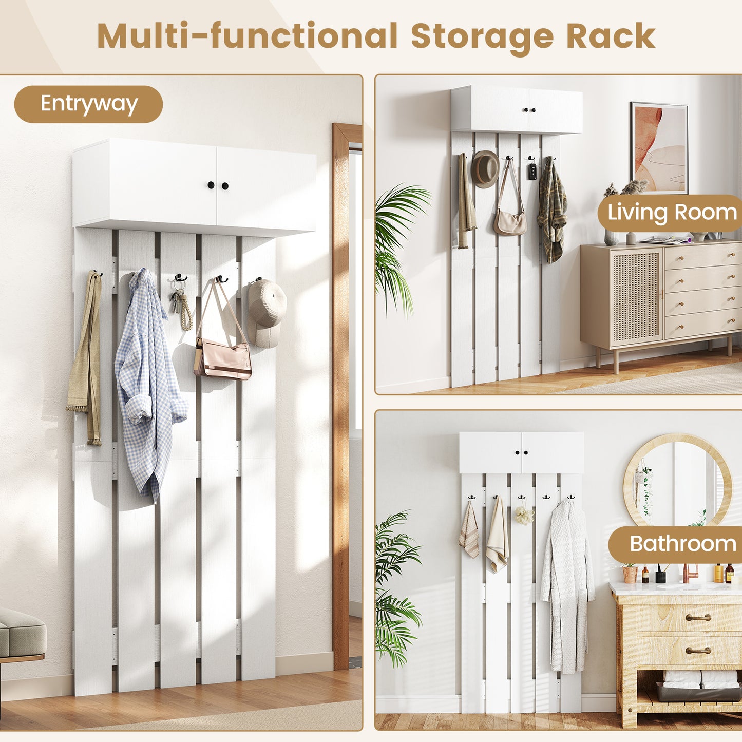 Entryway Wall Coat Rack Wall Mounted Coat Clothes Rack-White